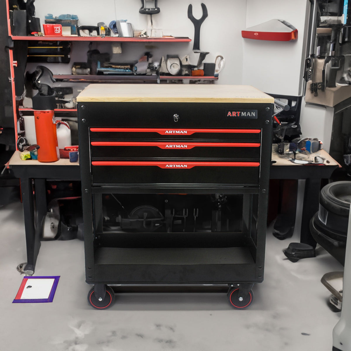 3 DRAWERS MULTIFUNCTIONAL TOOL CART WITH WHEELS AND WOODEN TOP